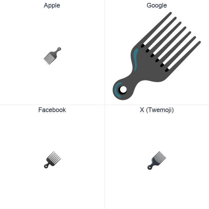 Hair Pick emoji in a square grid: Apple and Google on the top row, Facebook and X Twemoji on the bottom, on white.