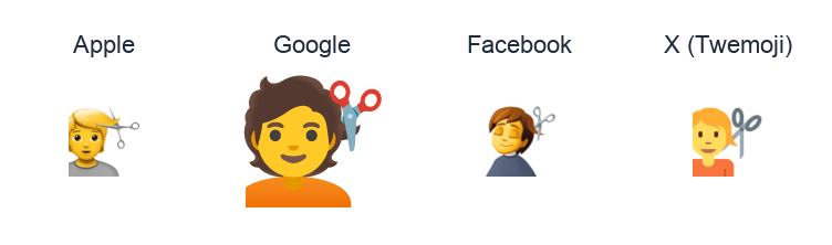 Haircut emoji artwork compared side by side for Apple, Google Noto, Facebook, and X Twemoji styles on white.