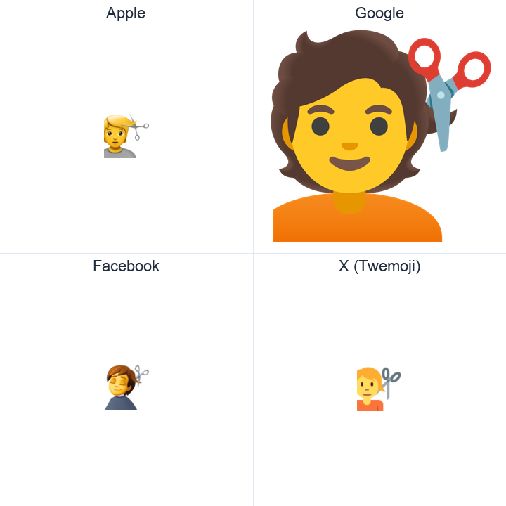 Haircut emoji in a square grid: Apple and Google on the top row, Facebook and X Twemoji on the bottom, on white.