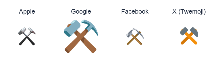 Hammer And Pick emoji artwork compared side by side for Apple, Google Noto, Facebook, and X Twemoji styles on white.
