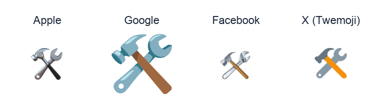Hammer And Wrench emoji artwork compared side by side for Apple, Google Noto, Facebook, and X Twemoji styles on white.