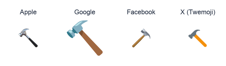 Hammer emoji artwork compared side by side for Apple, Google Noto, Facebook, and X Twemoji styles on white.