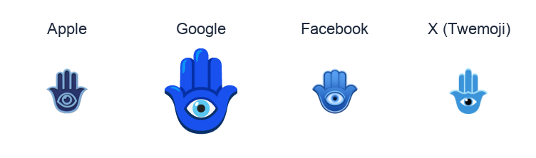 Hamsa emoji artwork compared side by side for Apple, Google Noto, Facebook, and X Twemoji styles on white.