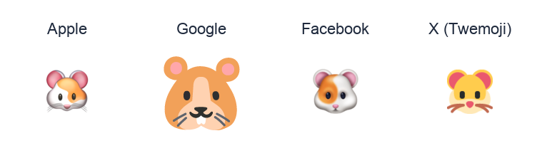 Hamster Face emoji artwork compared side by side for Apple, Google Noto, Facebook, and X Twemoji styles on white.