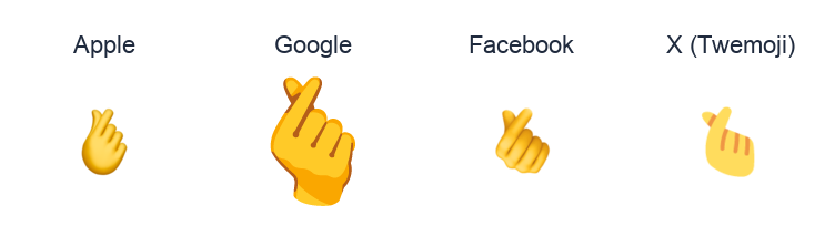 Hand With Index Finger And Thumb Crossed emoji artwork compared side by side for Apple, Google Noto, Facebook, and X Twemoji styles on white.