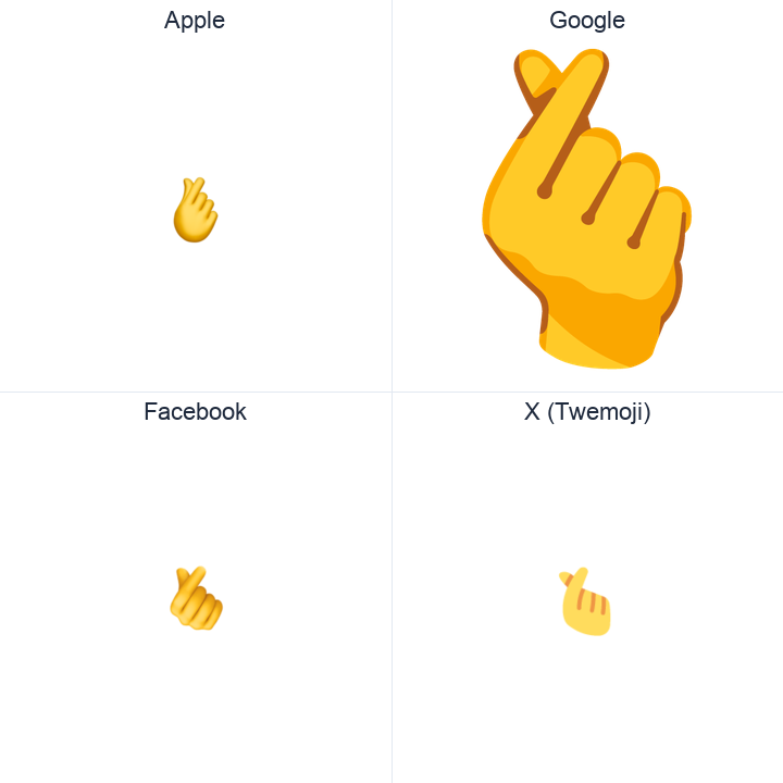 Hand With Index Finger And Thumb Crossed emoji in a square grid: Apple and Google on the top row, Facebook and X Twemoji on the bottom, on white.