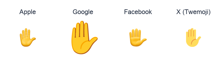 Raised Hand emoji artwork compared side by side for Apple, Google Noto, Facebook, and X Twemoji styles on white.