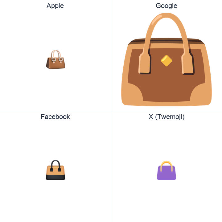 Handbag emoji in a square grid: Apple and Google on the top row, Facebook and X Twemoji on the bottom, on white.