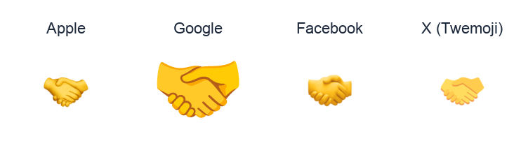 Handshake emoji artwork compared side by side for Apple, Google Noto, Facebook, and X Twemoji styles on white.