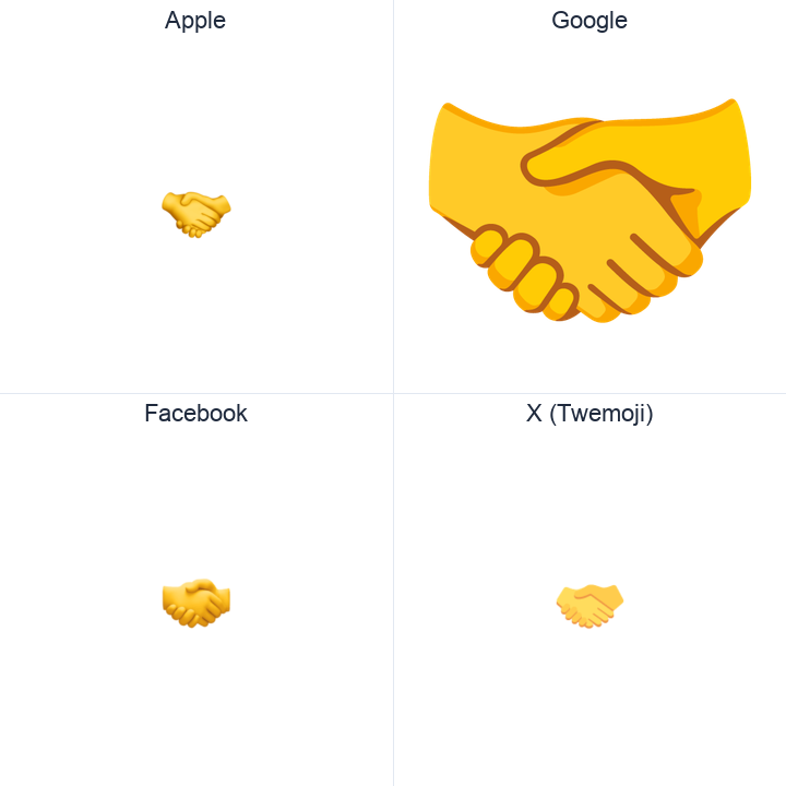 Handshake emoji in a square grid: Apple and Google on the top row, Facebook and X Twemoji on the bottom, on white.