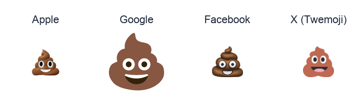 Pile Of Poo emoji artwork compared side by side for Apple, Google Noto, Facebook, and X Twemoji styles on white.
