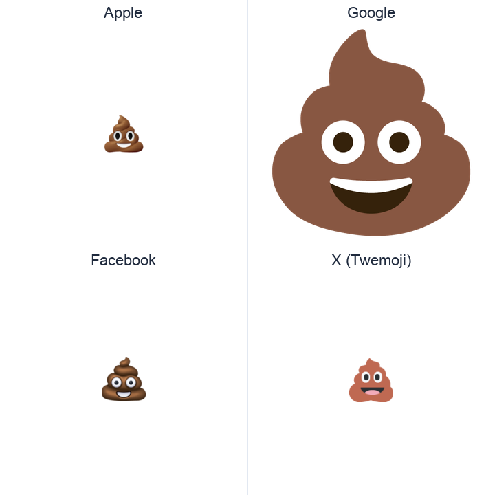 Pile Of Poo emoji in a square grid: Apple and Google on the top row, Facebook and X Twemoji on the bottom, on white.