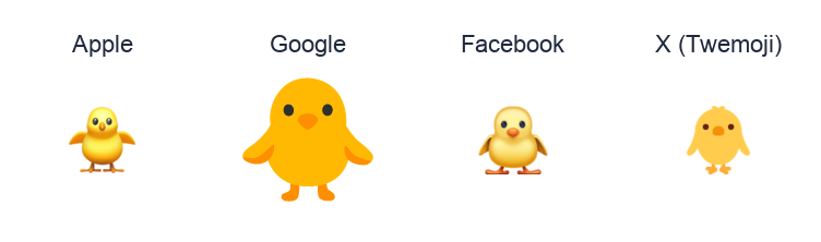 Front-Facing Baby Chick emoji artwork compared side by side for Apple, Google Noto, Facebook, and X Twemoji styles on white.