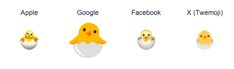 Hatching Chick emoji artwork compared side by side for Apple, Google Noto, Facebook, and X Twemoji styles on white.