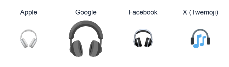 Headphone emoji artwork compared side by side for Apple, Google Noto, Facebook, and X Twemoji styles on white.
