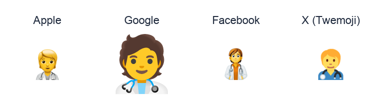 Health Worker emoji artwork compared side by side for Apple, Google Noto, Facebook, and X Twemoji styles on white.
