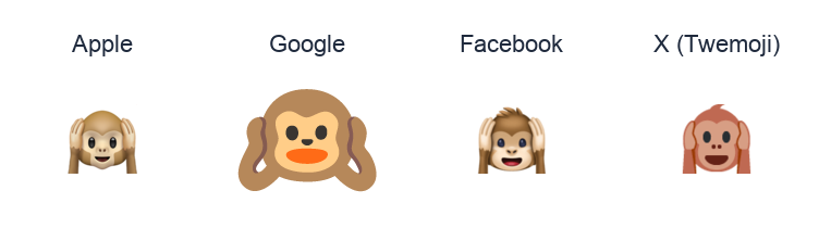 Hear-No-Evil Monkey emoji artwork compared side by side for Apple, Google Noto, Facebook, and X Twemoji styles on white.