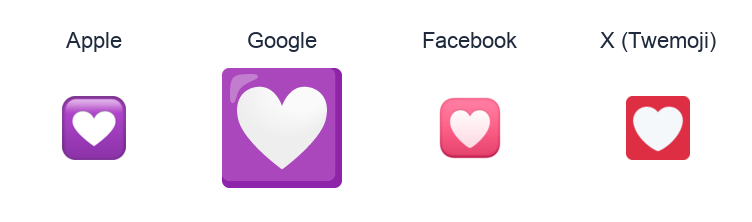 Heart Decoration emoji artwork compared side by side for Apple, Google Noto, Facebook, and X Twemoji styles on white.