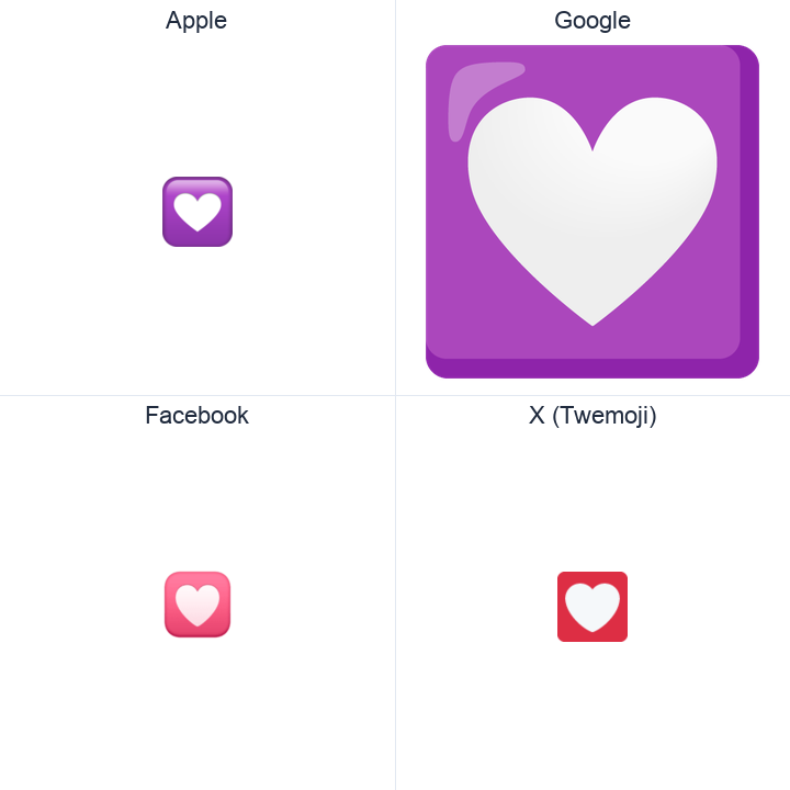Heart Decoration emoji in a square grid: Apple and Google on the top row, Facebook and X Twemoji on the bottom, on white.