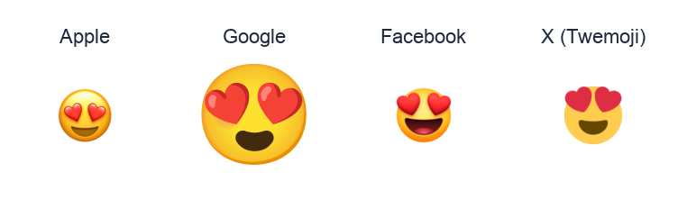 Smiling Face With Heart-Shaped Eyes emoji artwork compared side by side for Apple, Google Noto, Facebook, and X Twemoji styles on white.
