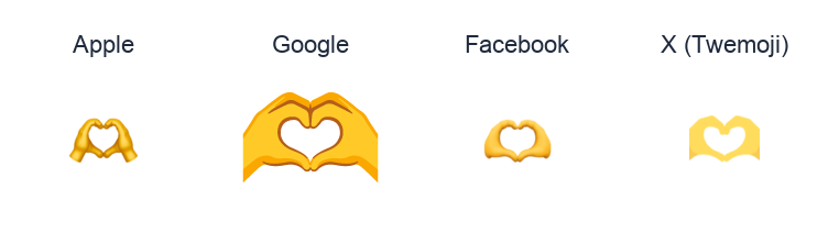 Heart Hands emoji artwork compared side by side for Apple, Google Noto, Facebook, and X Twemoji styles on white.