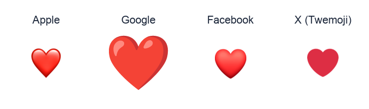 Heavy Black Heart emoji artwork compared side by side for Apple, Google Noto, Facebook, and X Twemoji styles on white.