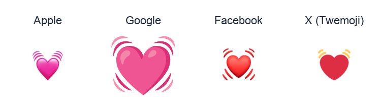 Beating Heart emoji artwork compared side by side for Apple, Google Noto, Facebook, and X Twemoji styles on white.