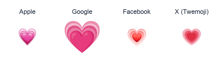 Growing Heart emoji artwork compared side by side for Apple, Google Noto, Facebook, and X Twemoji styles on white.