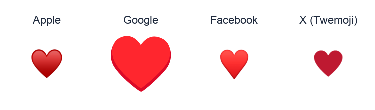 Black Heart Suit emoji artwork compared side by side for Apple, Google Noto, Facebook, and X Twemoji styles on white.