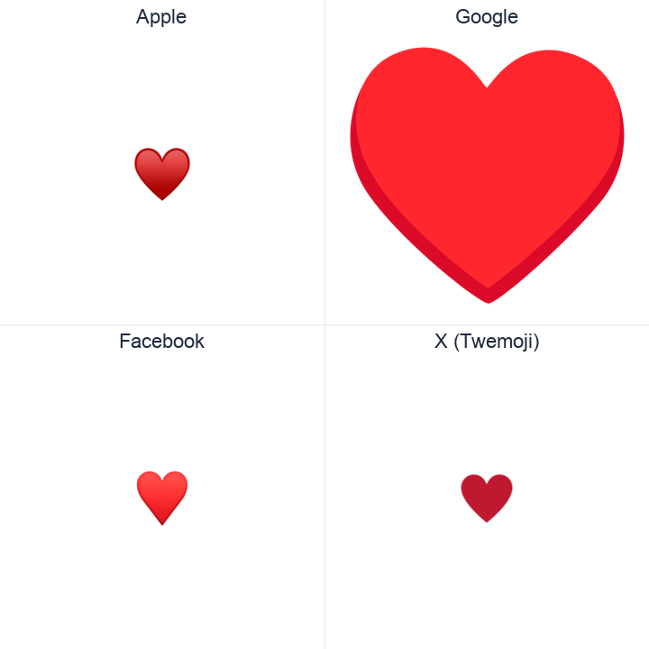 Black Heart Suit emoji in a square grid: Apple and Google on the top row, Facebook and X Twemoji on the bottom, on white.