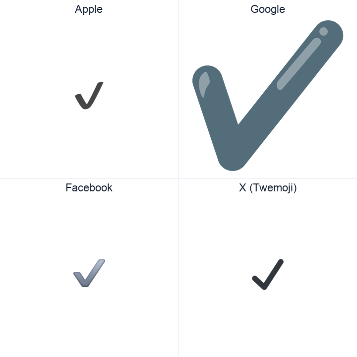 Heavy Check Mark emoji in a square grid: Apple and Google on the top row, Facebook and X Twemoji on the bottom, on white.