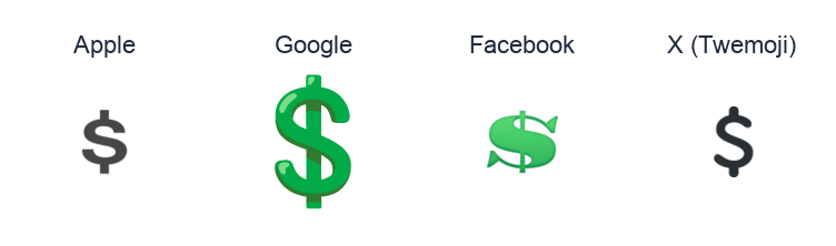 Heavy Dollar Sign emoji artwork compared side by side for Apple, Google Noto, Facebook, and X Twemoji styles on white.