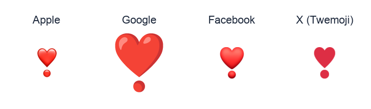Heart Exclamation emoji artwork compared side by side for Apple, Google Noto, Facebook, and X Twemoji styles on white.