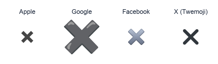 Heavy Multiplication X emoji artwork compared side by side for Apple, Google Noto, Facebook, and X Twemoji styles on white.