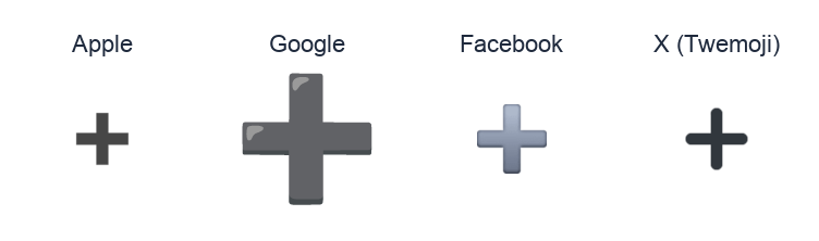 Heavy Plus Sign emoji artwork compared side by side for Apple, Google Noto, Facebook, and X Twemoji styles on white.