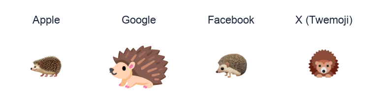 Hedgehog emoji artwork compared side by side for Apple, Google Noto, Facebook, and X Twemoji styles on white.