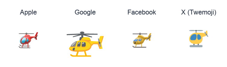 Helicopter emoji artwork compared side by side for Apple, Google Noto, Facebook, and X Twemoji styles on white.