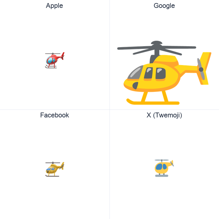 Helicopter emoji in a square grid: Apple and Google on the top row, Facebook and X Twemoji on the bottom, on white.