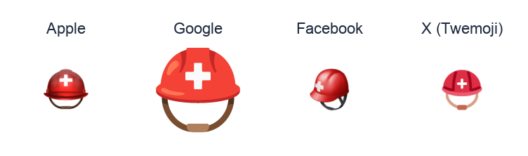 Rescue Worker’S Helmet emoji artwork compared side by side for Apple, Google Noto, Facebook, and X Twemoji styles on white.