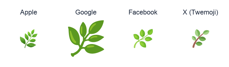 Herb emoji artwork compared side by side for Apple, Google Noto, Facebook, and X Twemoji styles on white.