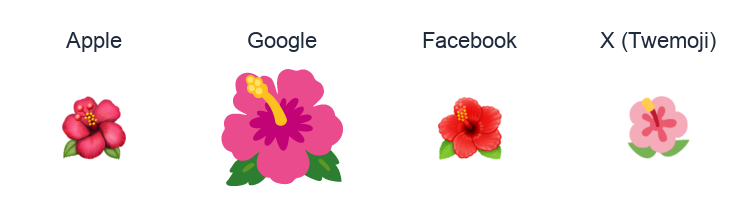 Hibiscus emoji artwork compared side by side for Apple, Google Noto, Facebook, and X Twemoji styles on white.