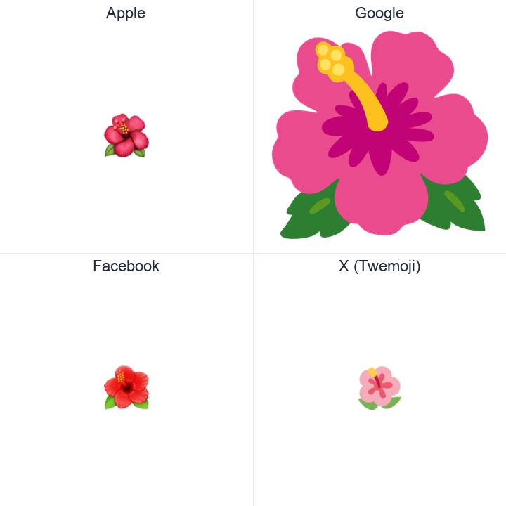 Hibiscus emoji in a square grid: Apple and Google on the top row, Facebook and X Twemoji on the bottom, on white.