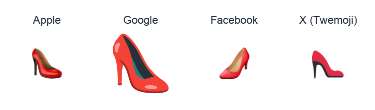 High-Heeled Shoe emoji artwork compared side by side for Apple, Google Noto, Facebook, and X Twemoji styles on white.