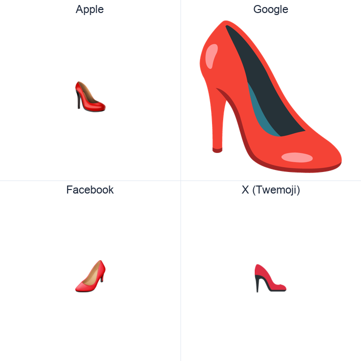 High-Heeled Shoe emoji in a square grid: Apple and Google on the top row, Facebook and X Twemoji on the bottom, on white.