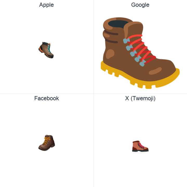 Hiking Boot emoji in a square grid: Apple and Google on the top row, Facebook and X Twemoji on the bottom, on white.