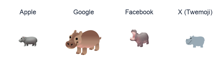 Hippopotamus emoji artwork compared side by side for Apple, Google Noto, Facebook, and X Twemoji styles on white.