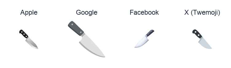 Hocho emoji artwork compared side by side for Apple, Google Noto, Facebook, and X Twemoji styles on white.