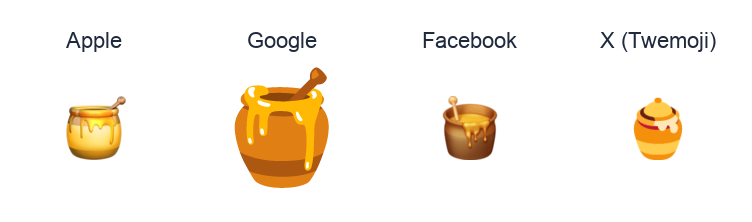 Honey Pot emoji artwork compared side by side for Apple, Google Noto, Facebook, and X Twemoji styles on white.