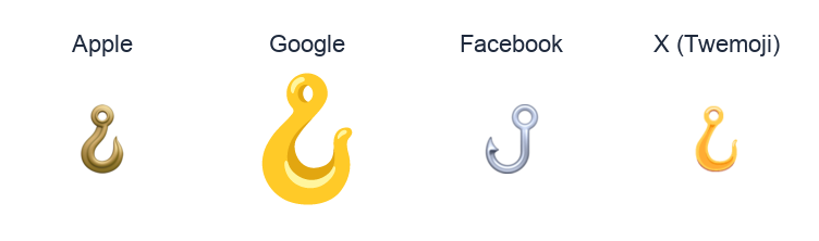 Hook emoji artwork compared side by side for Apple, Google Noto, Facebook, and X Twemoji styles on white.