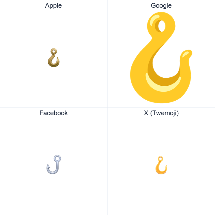 Hook emoji in a square grid: Apple and Google on the top row, Facebook and X Twemoji on the bottom, on white.